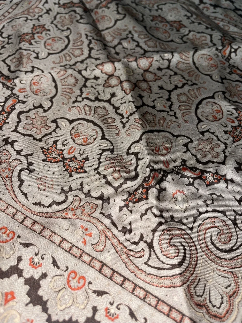 Source Unknown Taupe and Coral Paisley Square Silk Scarf